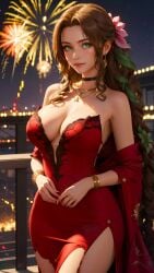 0assult0 accessories aerith_gainsborough ai_generated alluring balcony beautiful beautiful_females beautiful_hair big_breasts brown_hair_female city_background cleavage curvy earrings female final_fantasy final_fantasy_vii fireworks flower_in_hair gold_bracelet green_eyes hair_ornament happy_new_year heavenly_face looking_at_viewer night night_sky off_shoulder off_shoulder_dress party party_dress solider stable_diffusion sultry_eyes video_game_franchise young_woman