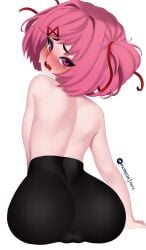 1girls ass big_ass big_butt cameltoe cute doki_doki_literature_club eye_contact female_only fiera_(artist) hair_ribbon leggings looking_at_viewer looking_back natsuki_(doki_doki_literature_club) pink_eyes pink_hair short_hair sitting solo tight_clothing topless twintails yoga_pants