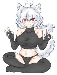 black_panties black_shirt black_thighhighs blush breast_focus breasts cat_ears fumomono6500 large_breasts looking_at_viewer momiji_inubashiri panties peace_sign red_eyes shirt smile tail thick_thighs thighhighs touhou white_hair