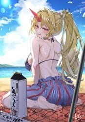 back beach bikini blonde_hair blush feet horn hoshiguma_yuugi looking_back oni red_eyes smile suika_ibuki tadano1129 touhou