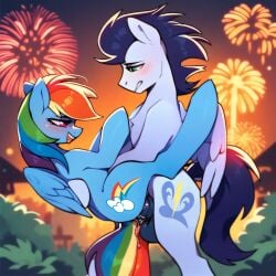 ai_generated balls bipedal blush fireworks horsecock my_little_pony pony rainbow_dash_(mlp) soarin_(mlp) upright_straddle vaginal_fluids vaginal_penetration