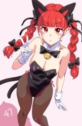 braids breasts cat_ears cleavage female jack74959 peace_sign red_eyes red_hair rin_kaenbyou tail touhou