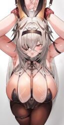 arm_strap armpits azur_lane black_hairband black_leotard breasts breath cleavage crossed_bangs eyepatch female fritz_rumey_(azur_lane) fritz_rumey_(schwarzes_kaninchen)_(azur_lane) grey_hair hairband heart highres large_breasts leash leotard long_hair pantyhose red_eyes restrained see-through_cleavage see-through_clothes skindentation solo steaming_body sweat thigh_strap viewer_holding_leash yusha_m