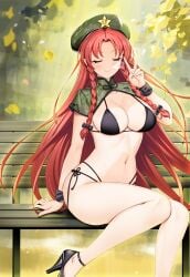 belly belly_button bench bikini closed_eyes hataraki_kuma hong_meiling not_porn peace_sign red_hair sfw sitting sleeping smile touhou