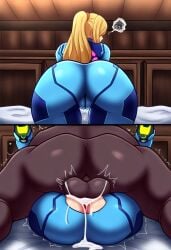 2koma ai_generated annoyed black_body blonde_hair cum cum_in_pussy cum_inside frustrated instant_loss_2koma interracial mating_press metroid ponytail samus_aran skinsuit zero_suit_samus