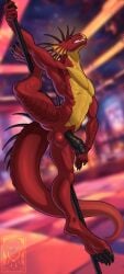 anthro balls claws genitals hi_res kalimah looking_at_viewer looking_down looking_down_at_viewer male muscular penis pole scalie smile solo stripper_pole tail