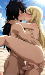 ai_generated beach_sex blush fairy_tail fingering_ass gray_fullbuster kissing_while_penetrated lucy_heartfilia moaning_in_pleasure pixai public_nudity sexual_intercourse vaginal_sex