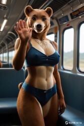 2025 ai_animation ai_generated animated anthro bear bottomwear breasts carnivalecloudmuncher clothed clothing cutoffs denim denim_bottomwear denim_clothing female furry gesture inside_train inside_vehicle looking_at_viewer mammal midriff navel nipple_outline self_upload shorts smile solo standing tagme train ursid vehicle video video waving