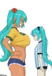 2girls asian asian_female big_breasts bigger_female blue_hair blue_hair_female brazilian brazilian_female brazilian_miku breasts clothed clothed_female dark-skinned_female dark_skin hatsune_miku height_difference japanese japanese_female larger_female light-skinned_female light_skin long_hair meusheldonaqui shorter_female size_difference smaller_female vocaloid