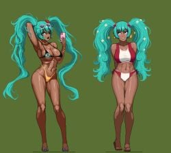 2d 2girls asian_latina bikini brazilian_female brazilian_flag_bikini brazilian_miku dark-skinned_female dark_skin hatsune_miku latin_american_hatsune_miku_(meme) peruvian_female peruvian_flag_bikini peruvian_miku vocaloid yuri