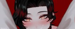 1boy black_hair blurry blush chromatic_aberration cum cum_on_body eyeliner facial female genderswap_(mtf) highres implied_fellatio makeup multicolored_eyes nijisanji nijisanji_en out-of-frame_censoring pov red_eyeliner red_eyes rule_63 virtual_youtuber vox_akuma yellow_eyes yui930