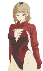 1girls akiiov artist_request blonde_female blonde_hair breasts chainsaw_man clothed female female_only hips red_eyes revealing_clothes safe sawatari_akane short_hair shounen_jump snake_tongue thighs