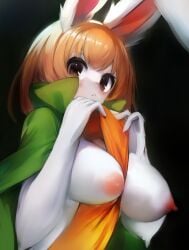 1girls :< bare_arms between_breasts black_background blonde_hair blush breasts_out brown_eyes cape carrot_(one_piece) closed_mouth clothes_pull collared_cape ears_through_headwear expressionless female_focus female_only flashing flashing_breasts from_below green_cape hands_up kekekejima large_breasts looking_at_viewer nipples one_piece popped_collar rabbit_ears short_hair simple_background tareme upper_body