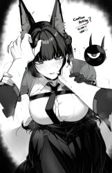 2024 animal_ears big_breasts black_legwear blush bowtie breasts fox_ears fox_girl hands hoshimi_miyabi large_breasts masoq095 monochrome petting pov shirt sitting skirt stockings zenless_zone_zero