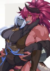 1futa 1girls big_breasts biting_ear blue_eyes breasts bulge digital_drawing_(artwork) duo ear_biting grey_skin horns huge_breasts mikoyan muscular nipple_bulge ogre orange_eyes original penis_bulge pubic_hair red_skin size_difference standing tagme