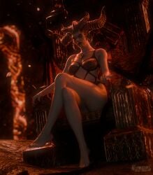 3d blender demon demon_girl demon_horns demon_wings diablo diablo_4 hell lava lilith_(diablo) lingerie sitting sitting_on_chair sitting_on_throne solo_female wawmes