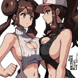 belly_button blue_eyes boob_window breasts_squeezed_together brown_eyes brown_hair hilda_(pokemon) huge_breasts large_breasts midriff neznekpixel pokemon rosa_(pokemon) sweater