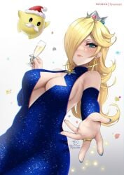 1girls 1other ass backless_outfit bare_shoulders blonde_hair blue_eyes breasts cleavage cleavage_cutout clothing curvy dress earrings female female_focus hair_over_one_eye heart heels luma mario_(series) nintendo princess_rosalina ryuuneart solo solo_focus standing super_mario_galaxy