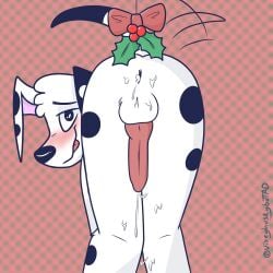 101_dalmatian_street 101_dalmatians 1:1 animal_genitalia animal_penis anthro ass balls blush bodily_fluids bow_ribbon butt_focus canid canine canine_genitalia canine_penis canis christmas cum cum_in_ass cum_inside dalmatian dipstick_tail disney domestic_dog drew_dalmatian_(slightlyarousedguy) fan_character genital_fluids genitals head_tuft holidays holly_(plant) leaking_cum looking_at_viewer looking_back male mammal markings penis plant simple_background solo spots spotted_markings tail tail_markings tail_motion tailwag tongue tongue_out tuft vixeyhuskybutt