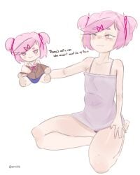 1female 1girls bare_shoulders doki_doki_literature_club doll emiillb english_text natsuki_(doki_doki_literature_club) pink_eyes pink_hair plush plushie text thighs twitter_username