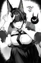 2024 animal_ears big_breasts black_legwear blush blush bowtie breasts fox_ears fox_girl hands hoshimi_miyabi large_breasts masoq095 monochrome petting pov shirt sitting skirt stockings zenless_zone_zero