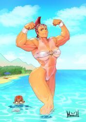 2d abs armpits beach biceps big_breasts bikini bracelet breasts busty capcom dhalsim female female_focus flexing green_eyes hourglass_figure makeup maraichux marisa_rossetti micro_bikini muscles muscular muscular_female pinup pinup_pose red_hair short_hair street_fighter street_fighter_6 tagme tan tan-skinned_female tan_body tan_skin tanline wide_hips