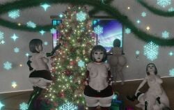 3d bob_cut christmas christmas_outfit christmas_tree dark_eyes huge_ass huge_butt makeup mopflop_(artist) nipple_piercing pale_skin small_female yuri