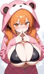 1girls ai_generated bear_costume bikini black_bikini colossal_breasts fingers_together huge_breasts kosine1777 kosineverse massive_breasts meggy_(kosine1777) muscular_female open_clothes open_onesie orange_eyes orange_hair original original_character pajamas pink_onesie pressing_breasts_together toned_female touching_fingers twintails