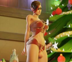 3d arms_behind_back aroused balls_bigger_than_penis blender body_wraps christmas cutiepie_(fortnite) eyeshadow facepaint flaccid fortnite futanari haziest_mirage looking_at_another nude nude_futanari red_hair ribbons small_penis wrapped_up