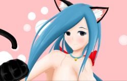 1girls belly blue_hair blush bow breasts cat_ears close-up collar collarbone color coppermine_(battle_cats) digital_media_(artwork) embarrassed extremely_long_hair full_version_request galaxy_gals grey_eyes large_breasts light_skin long_hair looking_at_viewer nude nyanko_daisensou paws roadpow tail teenager the_battle_cats