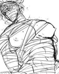 big_breasts big_chest black_and_white black_hair blush blushing bondage choso_kamo crying jujutsu_kaisen male muffled muscular muscular_male naked nipples no_visible_genitalia shaking sketch uoru1_juju