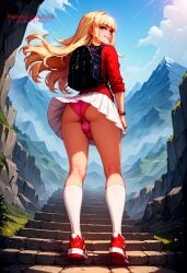 1boy ai_generated ass ass_focus blonde_hair bulge bulge_through_clothing femboy flat_chest ilfb skirt skirt_up solo standing trap