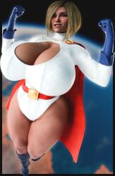 big_breasts big_hips blonde_hair blue_eyes clothing dc dc_comics detailed_background drakepowers flexing_arms flying karen_starr power_girl smile space suit superheroine voluptuous