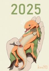 2025 5_fingers animal_genitalia anthro chinese_zodiac claws cloaca countershade_tail countershade_torso countershading duo elden_ring fangs female fingers forked_tongue fromsoftware genitals green_eyes hi_res human kouhaku773 lying mammal orange_body reptile scalie size_difference snake spread_cloaca spread_legs spreading tail teeth tongue tongue_out year_of_the_snake zorayas