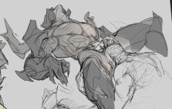 aatrox big_breasts big_chest big_sub_small_top big_thighs cunnilingus cuntboy darkin hand_in_hair hand_on_thigh head_thrown_back inverted_nipples league_of_legends league_of_legends:_wild_rift oral pantheon xkov_(cerberuskeeper)