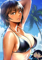 azumanga_daiou beach big_breasts bikini black_bikini brown_eyes cleavage kagura_(azumanga_daiou) large_breasts lipstick ocean palm_tree swimsuit tan tanline tomo_takino twinpoo water wet_skin