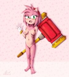 absurd_res amy_rose anthro barefoot breasts clothing eulipotyphlan feet female full-length_portrait genitals gloves green_eyes hammer handwear hedgehog hi_res looking_at_viewer mammal navel nude open_mouth piko_piko_hammer pink_body portrait pubes pussy sega solo sonic_the_hedgehog_(series) standing tools vadamecox