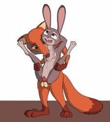 2016 animal_genitalia animal_penis anthro balls bite breasts buckteeth canine canine_penis carrying dewlap dipstick_ears dipstick_tail disney duo female flat_chest fox from_behind_position gloves_(marking) judy_hopps knot lagomorph leg_grab looking_pleasured male male_penetrating mammal markings multicolored_tail navel neck_bite nick_wilde nipples nude open_mouth penetration penis rabbit sex signature simple_background small_breasts socks_(marking) stand_and_carry_position standing straight teeth tggeko vaginal_penetration white_background zootopia