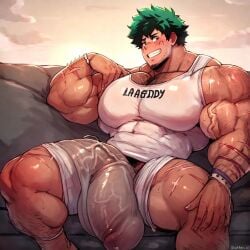 aged_up ai_generated gentle_giant huge_balls huge_cock huge_testicles izuku_midoriya male_only muscular_male my_hero_academia scars_all_over stubble white_shirt