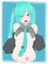 breasts convenient_censoring functionally_nude hara_id_21 hatsune_miku looking_at_viewer midriff nervous nervous_smile nude open_mouth sleeves_past_wrists small_breasts vocaloid