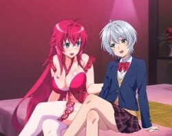 2girls bedroom cleavage kikuchi_fuuka large_breasts lingerie long_hair medium_breasts red_hair rias_gremory school_uniform short_hair silver_hair sitting