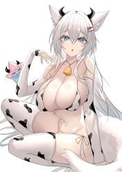 1girls :o absolute_territory bell big_breasts bikini bikini_bottom bikini_top blue_eyes breasts cleavage cleavage_overflow collarbone cow_bikini cow_horns cow_print cow_print_bikini cow_print_legwear cow_print_thighhighs fox_ears fox_girl fox_tail large_breasts looking_at_viewer meridian_project mizuki_(vtuber) open_mouth shaded simple_background sitting sleeves thigh_highs thighhighs thighs virtual_youtuber weyas_kayur white_background white_hair