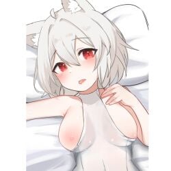 breasts cat_ears daebom edit edited female hand_on_breast m18_hellcat nipples pillow red_eyes see-through_clothing tongue_out war_thunder white_hair