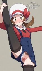 accidental_exposure ai_generated black_thighhighs blue_overalls blush brown_hair clothes_rip clothes_ripped clothes_ripping embarrassed embarrassed_expression holding_legs_up innie_pussy legs_up lonelylady lyra_(pokemon) pokemon pokemon_hgss pokemon_trainer pubic_hair pussy_exposed red_shirt simple_background stretching sweat sweating