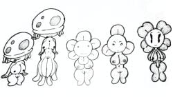 16:9 animal_humanoid big_breasts breasts clover_(plant) clover_leaf cnidarian female flower four_leaf_clover genitals group hi_res humanoid jellyfish leaf marine medusozoan nipples nude plant pussy simple_background smile tentacle widescreen