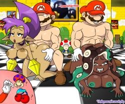 … 2girls 4boys ? areola ass ass_grab big_breasts breasts breasts_touching_floor cephalopod cephalopod_humanoid crossover dark_skinned_female doggy_style double_cherry earrings genie genie_girl hallway long_hair luigi marina_(splatoon) marina_ida mario mario_(series) muscular nintendo nipples painting parallel_sex piercing purple_hair red_text sex shantae shantae_(character) splatoon splatoon_(series) splatoon_2 super_mario_64 super_mario_64_b3313 super_mario_bros. tentacle text thighs toad_(mario) unknowndraw6798 video_games wayforward