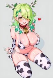 armwear bell_collar big_belly big_breasts big_thighs blush blushing_at_viewer breasts ceres_fauna collar cow_collar cow_print cow_print_armwear cow_print_bikini cow_print_socks cow_print_stockings cowbell cowkini earings female female_only finger_ring flower flowers gold_earring green_eyebrows green_hair green_nail_polish green_nails grey_background hololive hololive_english hololive_english_-council- hololive_english_-promise- horn horns long_socks mommy mother_nature moursho mouth open_mouth ring sexy_body sexy_female sexy_woman sitting smile smiling_at_viewer socks thick_body thick_breasts thick_thighs thighs tree_horns tummy virtual_youtuber white_flower white_flowers yellow_eyes