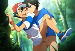 forest gay gay_sex kirito male_only penetration pokemon satoshi_(pokemon) sex shirt_only sword_art_online tree tshirt