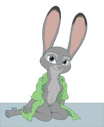 2016 :3 anthro areola breasts clothed clothing dipstick_ears disney female judy_hopps kneeling lagomorph looking_at_viewer mammal mostly_nude nipples open_shirt purple_eyes pussy rabbit signature simple_background small_breasts smile solo tggeko white_background zootopia