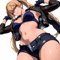 ai_generated belly_button blonde_hair blue_eyes bra femdom gloves jacket looking_at_viewer looking_down low_angle ribbon short_jeans shorts smirk steam sweat twintails zipper zipper_pull_tab